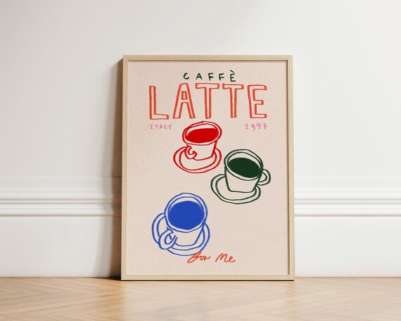 Caffe Latte Italy 1997 Colorful Hand Drawn Coffee Cups Kitchen Poster