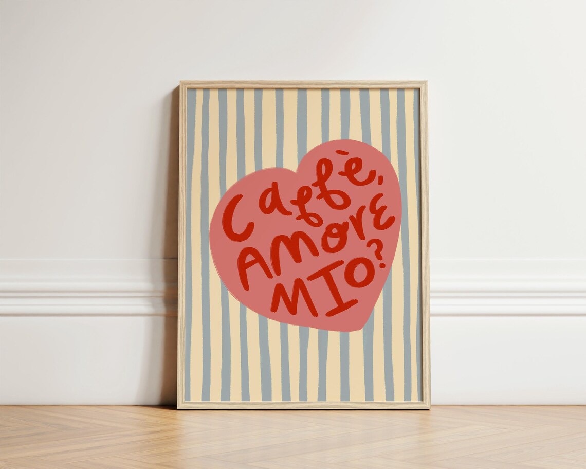 Caffe Amore Mio Heart Retro Kitchen Poster Coffee Stripe Italian Home Decor