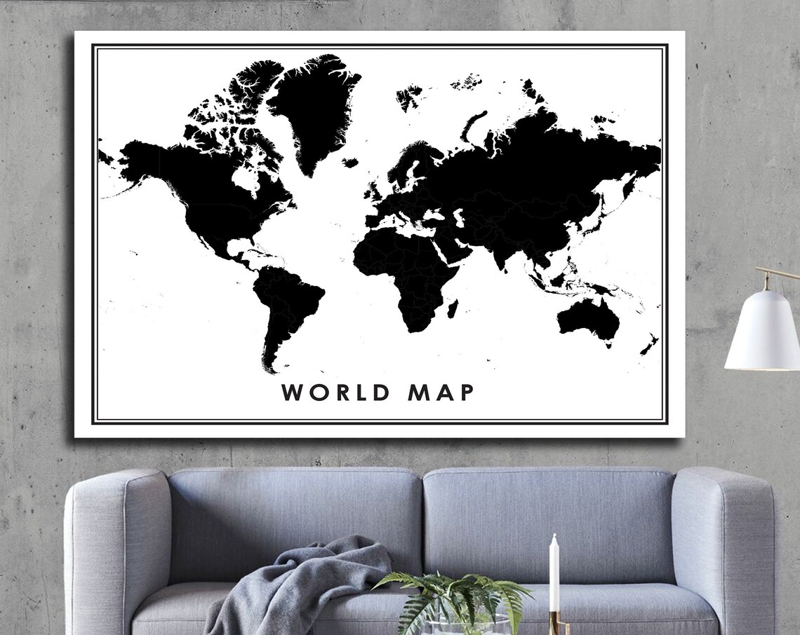World Map Print Poster, Modern Black And White