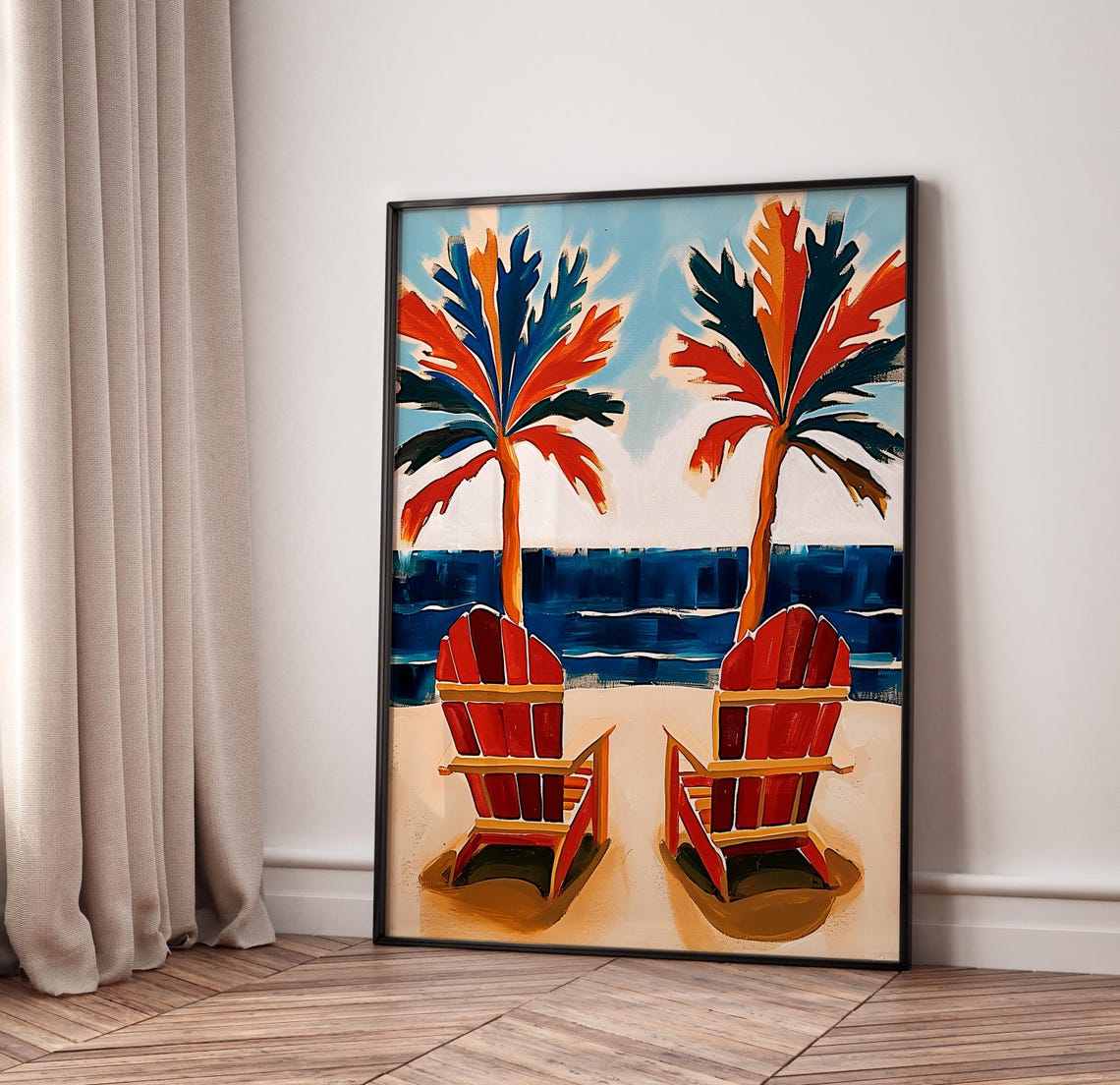 Red Beach Chairs Palm Trees Bold Ocean Coastal Summer Art Poster