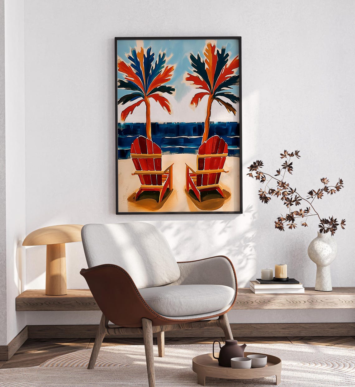 Red Beach Chairs Palm Trees Bold Ocean Coastal Summer Art Poster - Image 2