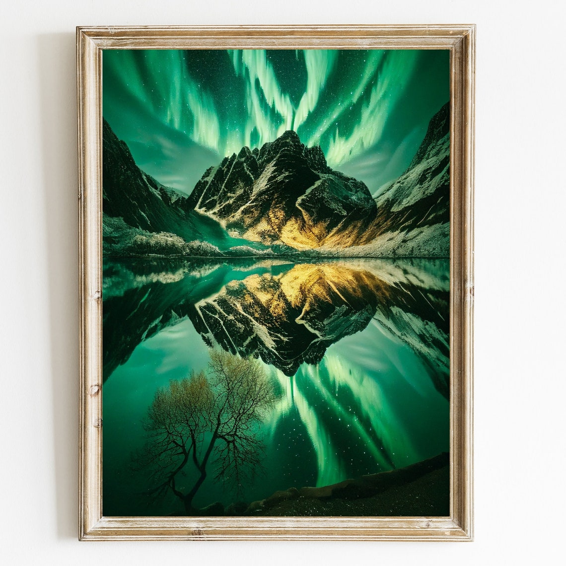 Northern Lights Aurora Mountain Lake Reflection Night Sky Poster