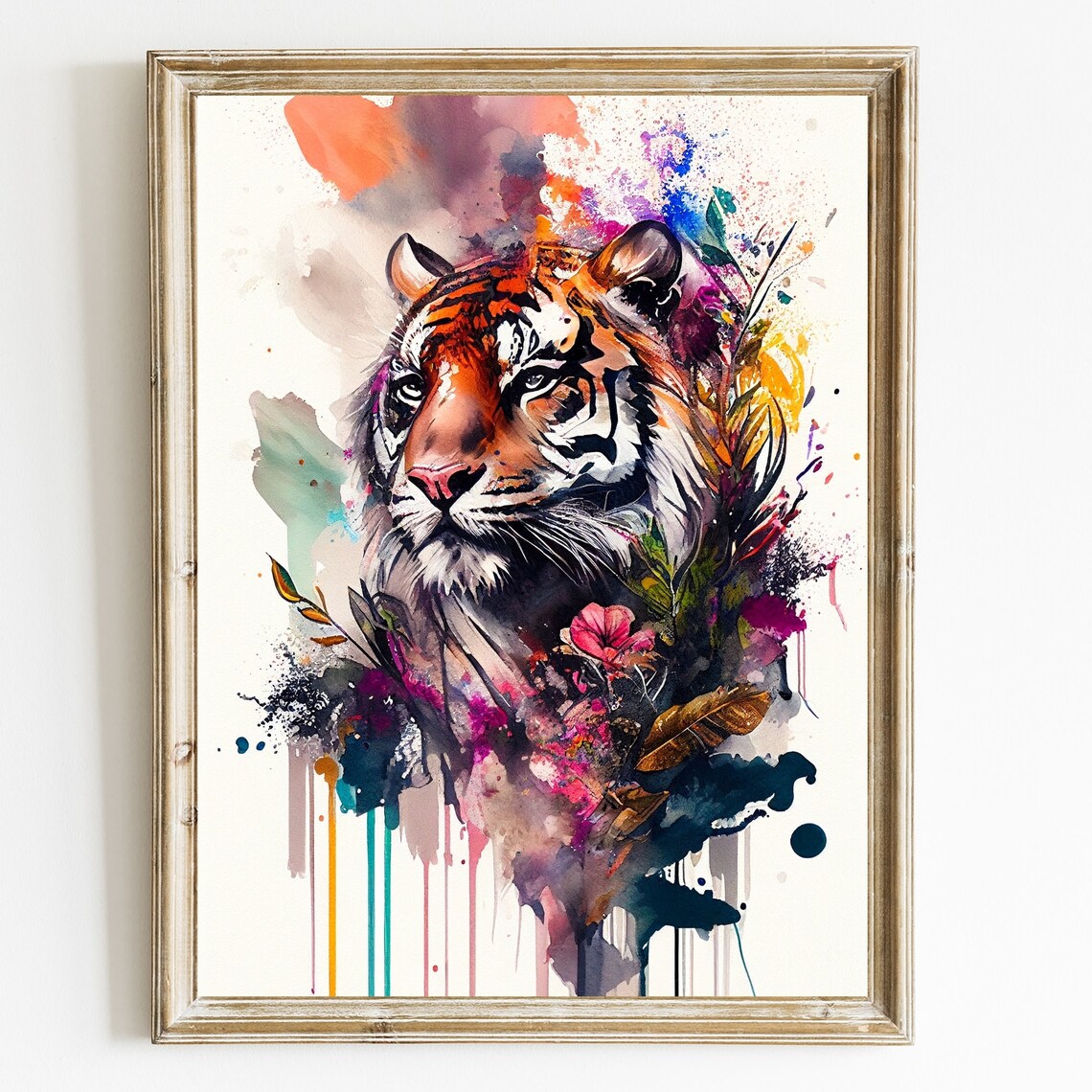 Tiger Head Watercolor Splash with Colorful Paint Drips Poster