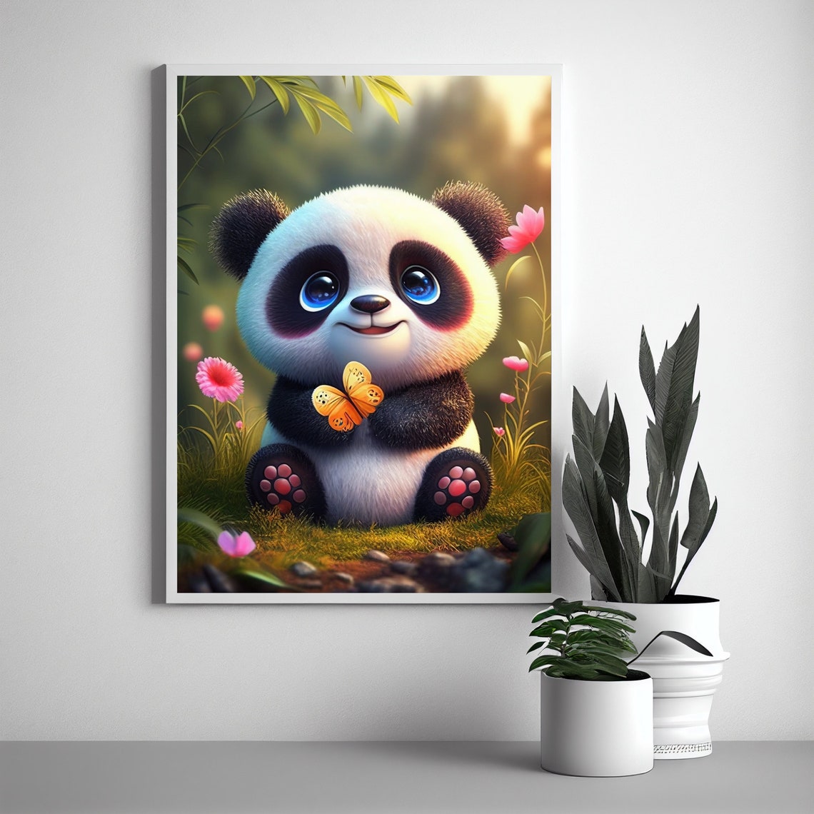 Adorable Cute Baby Panda Holding Butterfly Flower Meadow Poster - Image 2