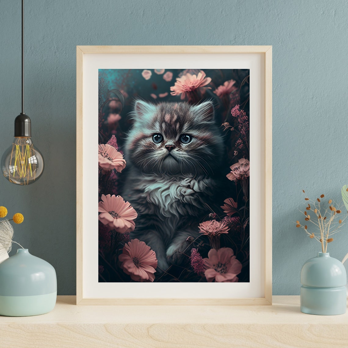 Fluffy Kitten Among Pink Flowers Vintage Floral Cat Portrait Poster - Image 2