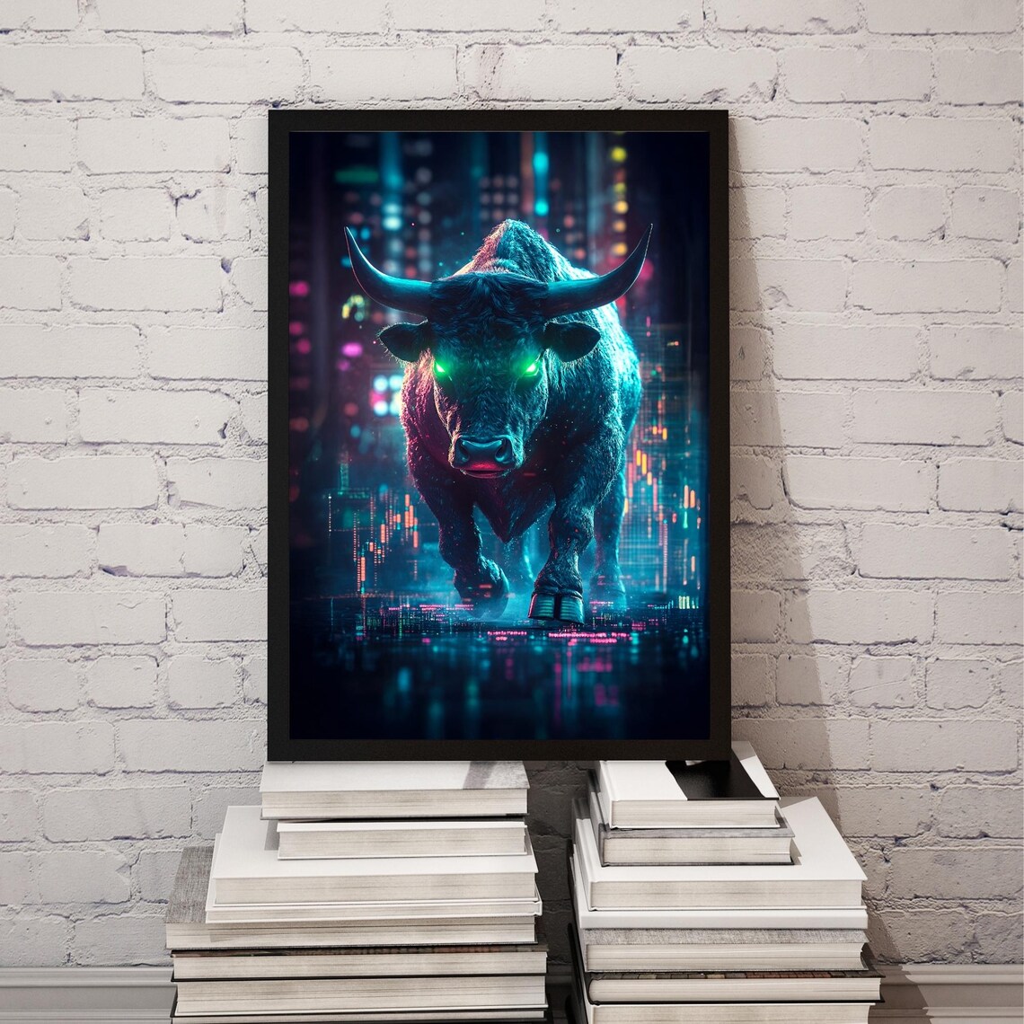 Neon Cyberpunk Trading Bull Market Stock Chart Digital Art Poster - Image 2
