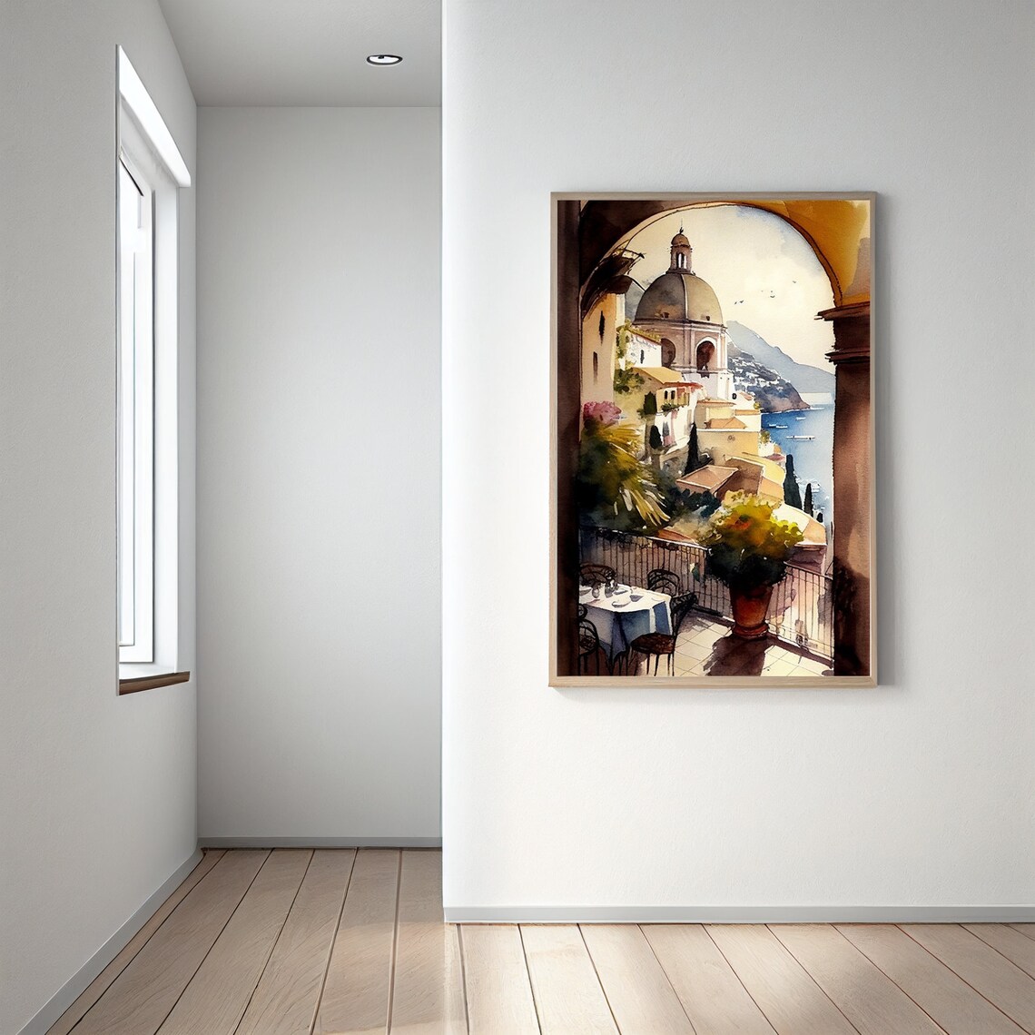 Amalfi Coast Watercolor Terrace View Overlooking Seaside Town Poster - Image 2