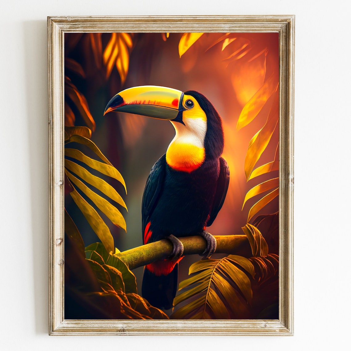 Colorful Toucan with Big Yellow Beak Perched at Golden Sunset Poster