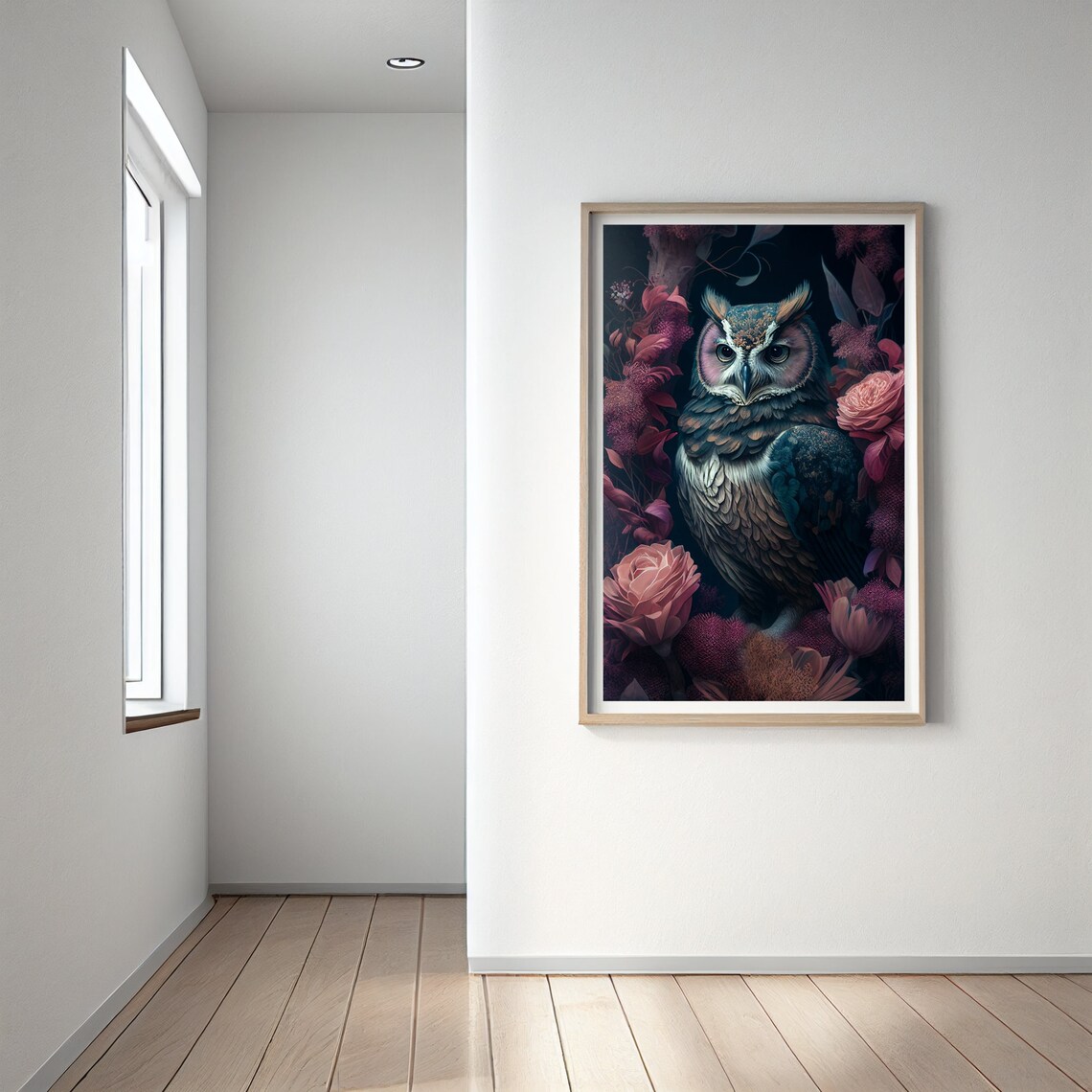Owl Among Dark Red Roses Vintage Boho Floral Bird Portrait Poster - Image 2