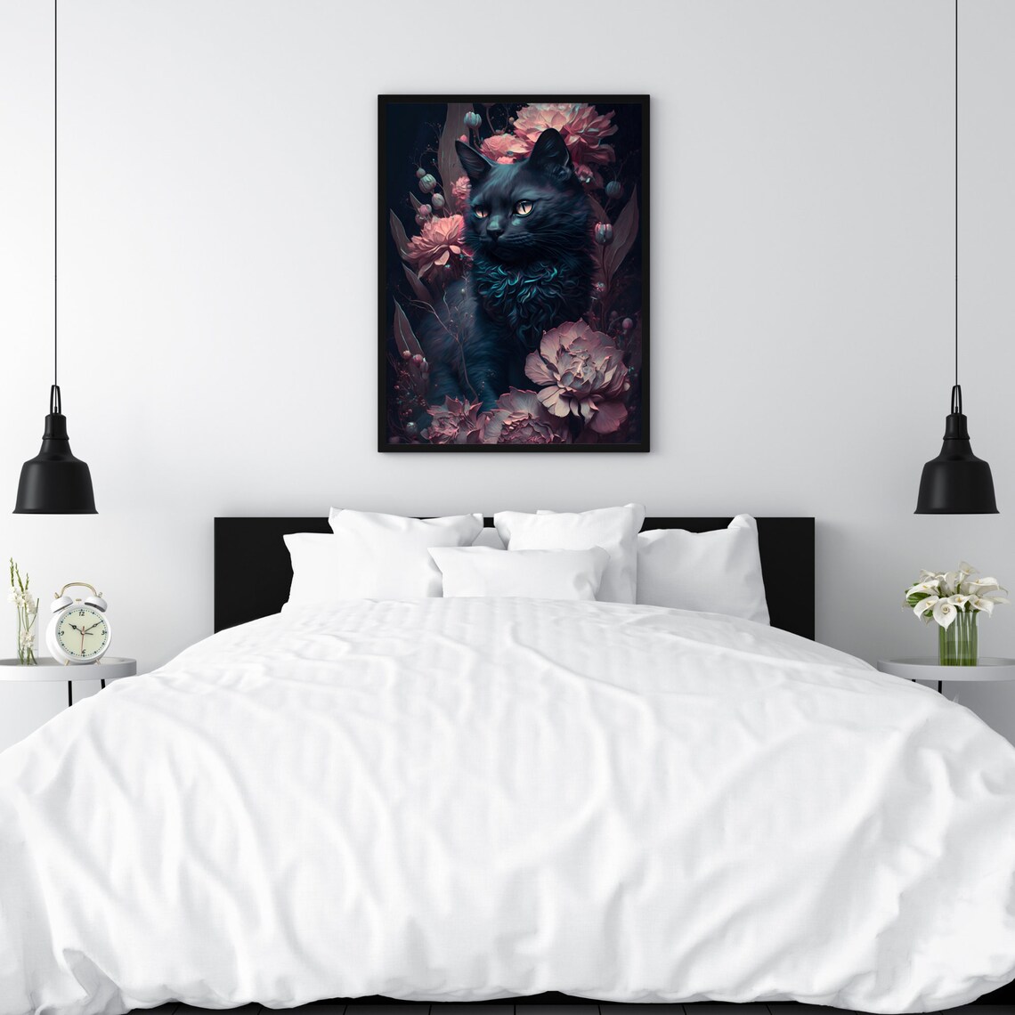 Black Cat Moody Floral Portrait Vintage Style Cat Artwork Poster - Image 3