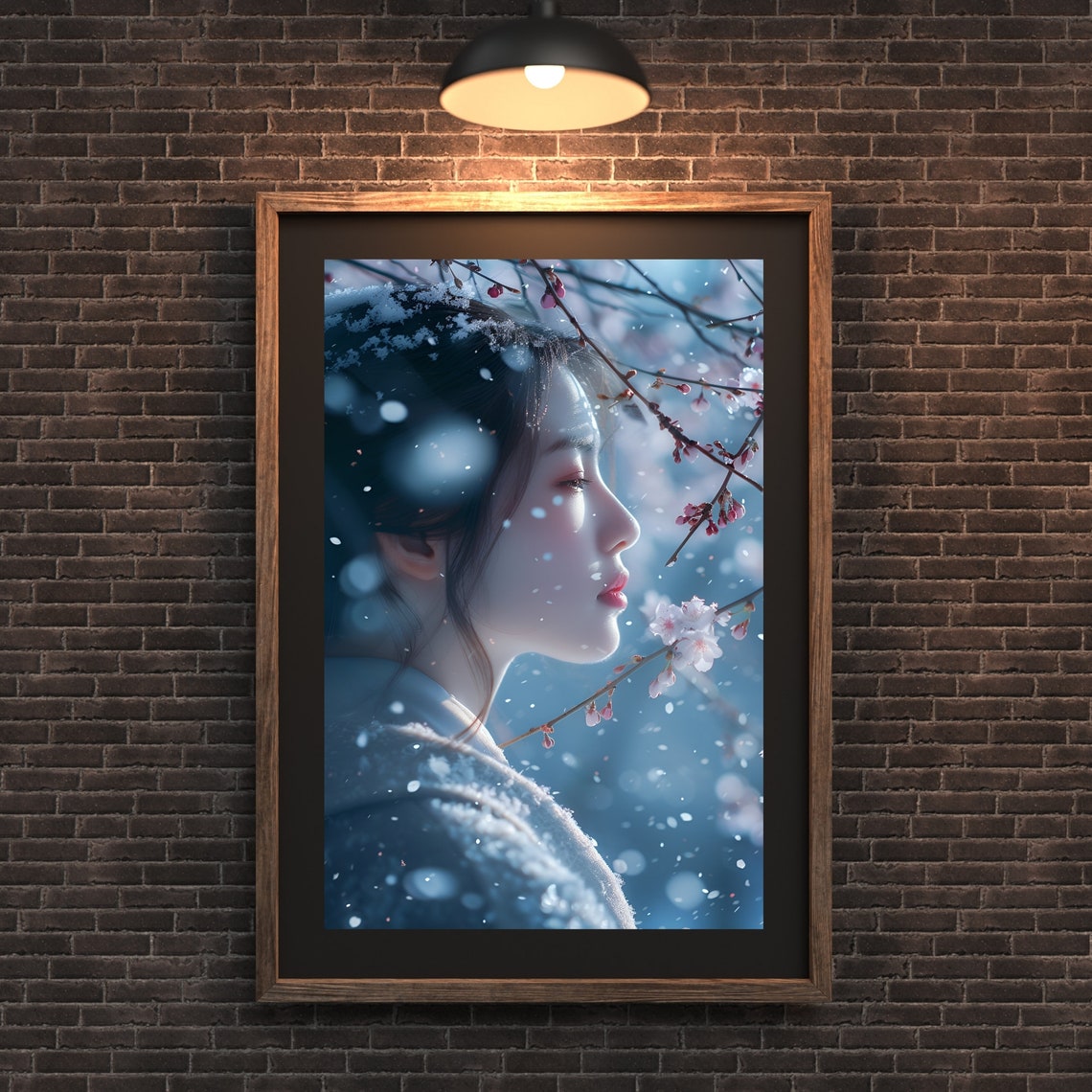 Asian Woman Snow Cherry Blossom Winter Portrait Serene Poster - Image 2