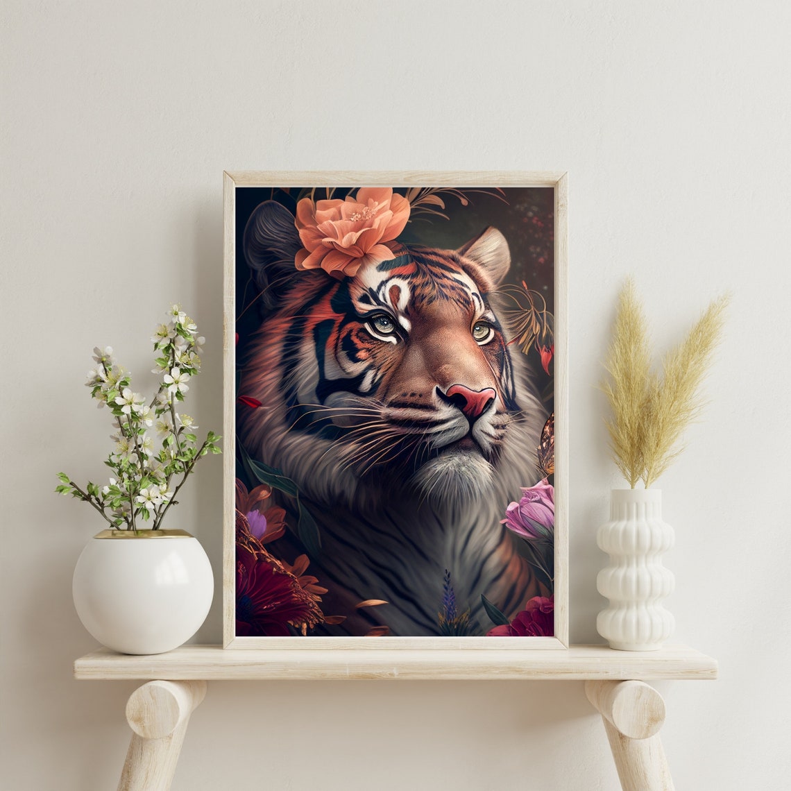 Tiger Among Dark Flowers Vintage Boho Floral Big Cat Portrait Poster - Image 2