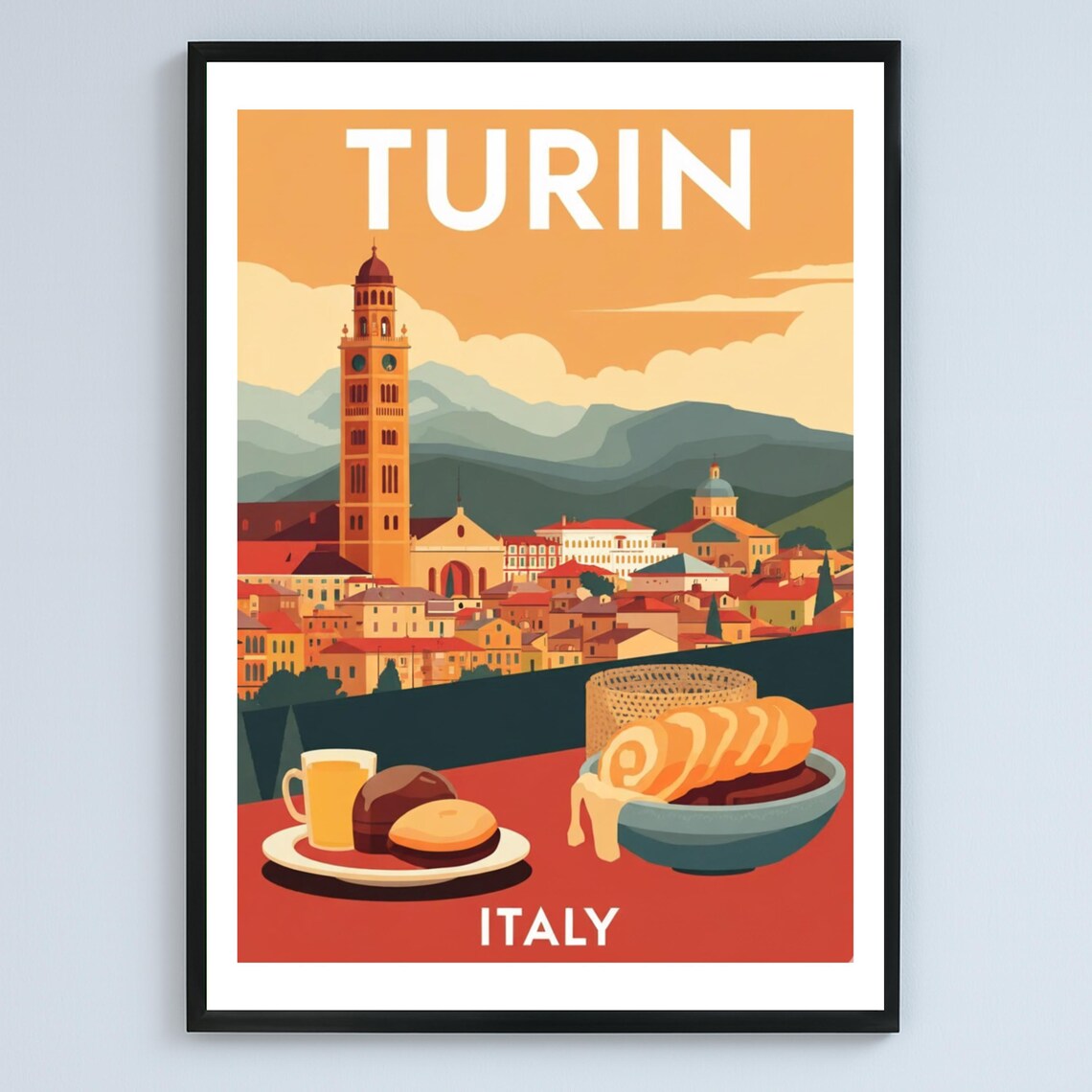 Turin Italy Retro Travel Alpine View Italian Cafe Art Poster Design