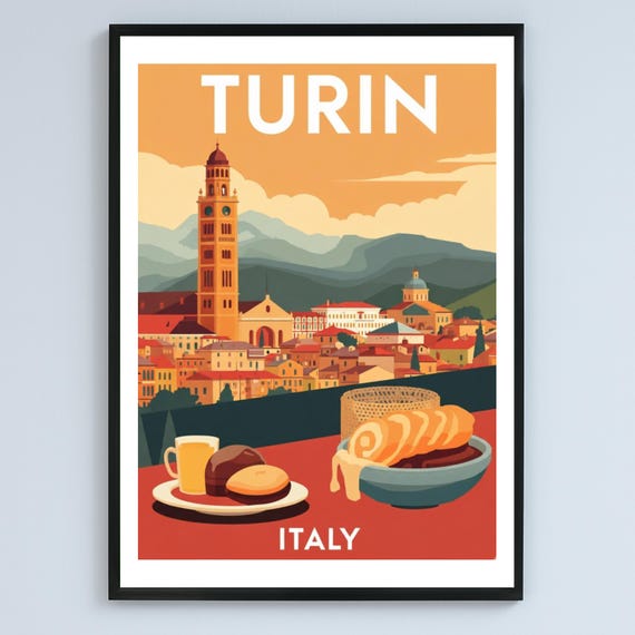 Turin Italy Travel Illustration Warm Vintage Landscape Art Poster