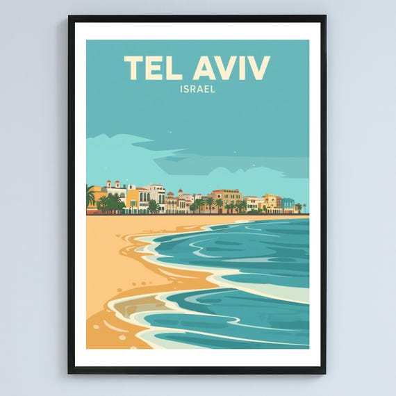 Tel Aviv Coastline Vintage Illustration Retro Travel Style Poster Art