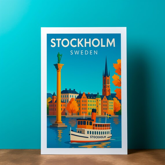 Stockholm Sweden Retro Travel Poster with Harbor Ferry and Old Town