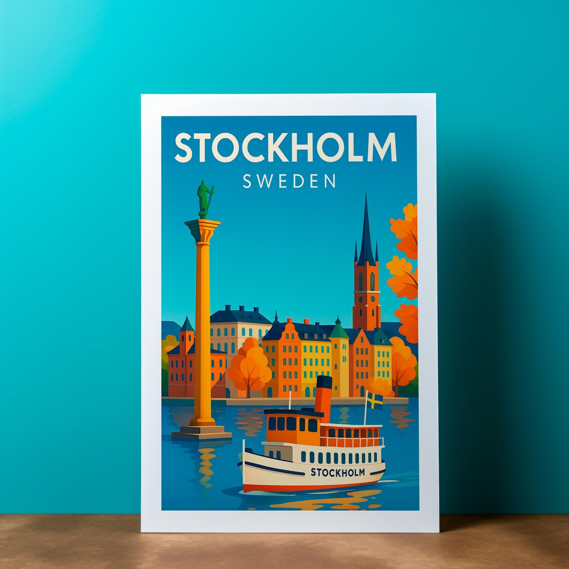 Stockholm Sweden Retro Travel Poster with Harbor Ferry and Old Town