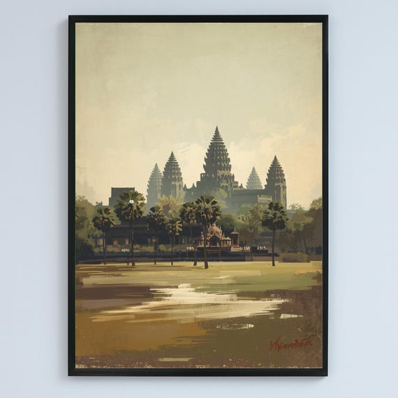 Angkor Wat Vintage Painting Cambodia Temple Illustration Serene Landscape Art Prints