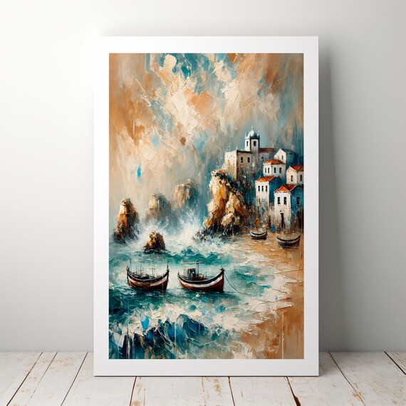 Nazare Portugal Coastal Village Fishing Boats Impressionist Art Poster