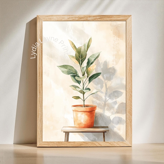 Sunlit Potted Houseplant Watercolor Botanical Art Print Decor
