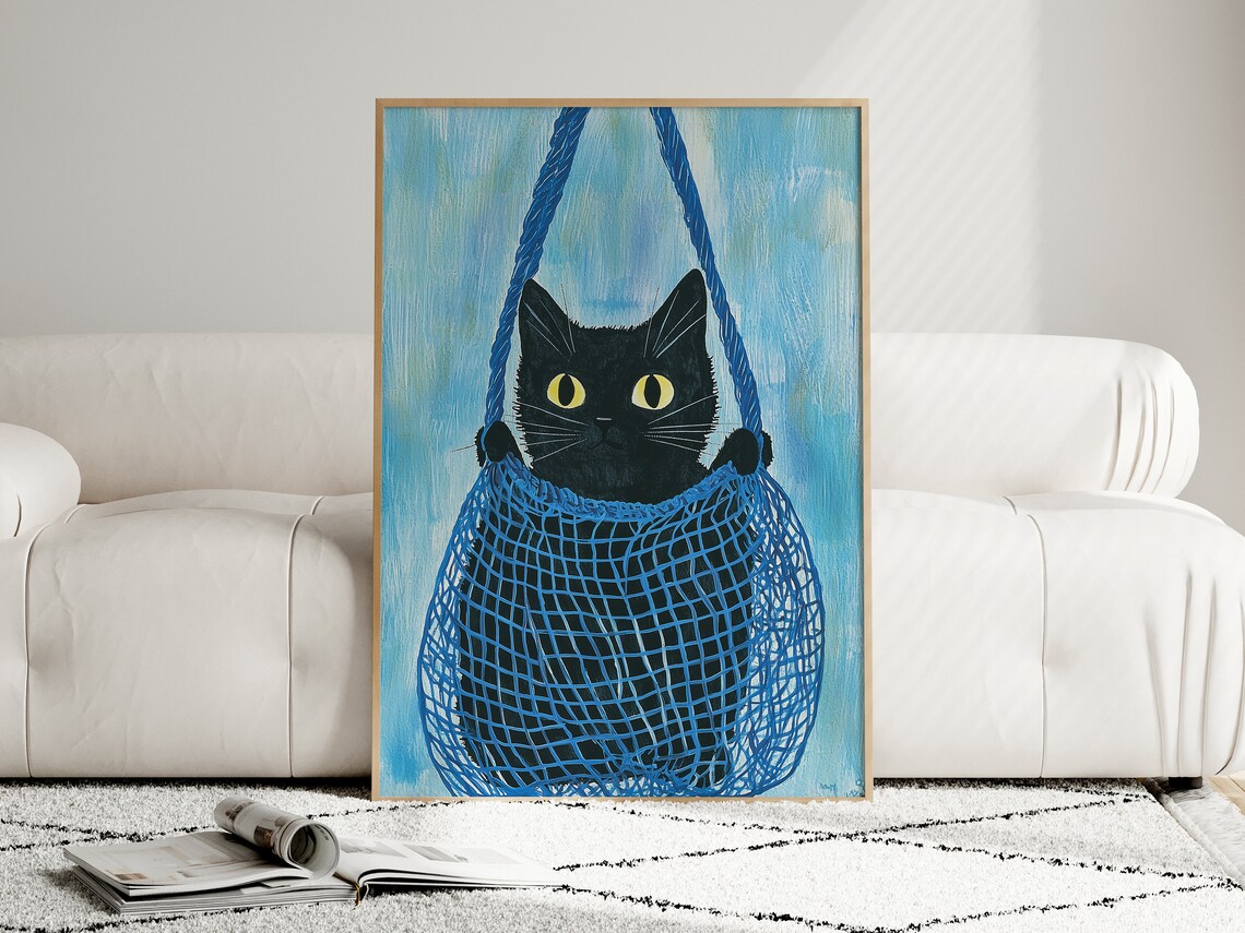 Cat In A Net Bag, Vintage Black Cat Art Print - Image 4