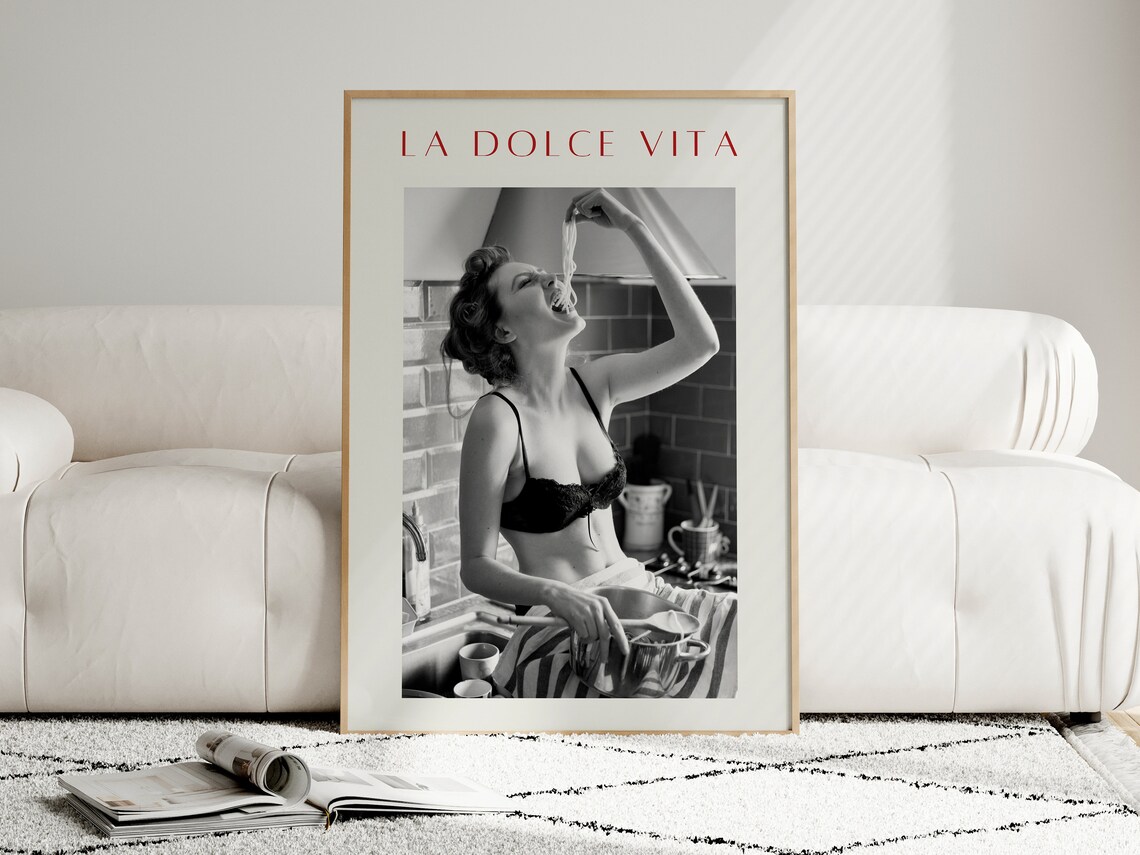 La Dolce Vita Woman Eating Pasta, Vintage Italian - Image 4