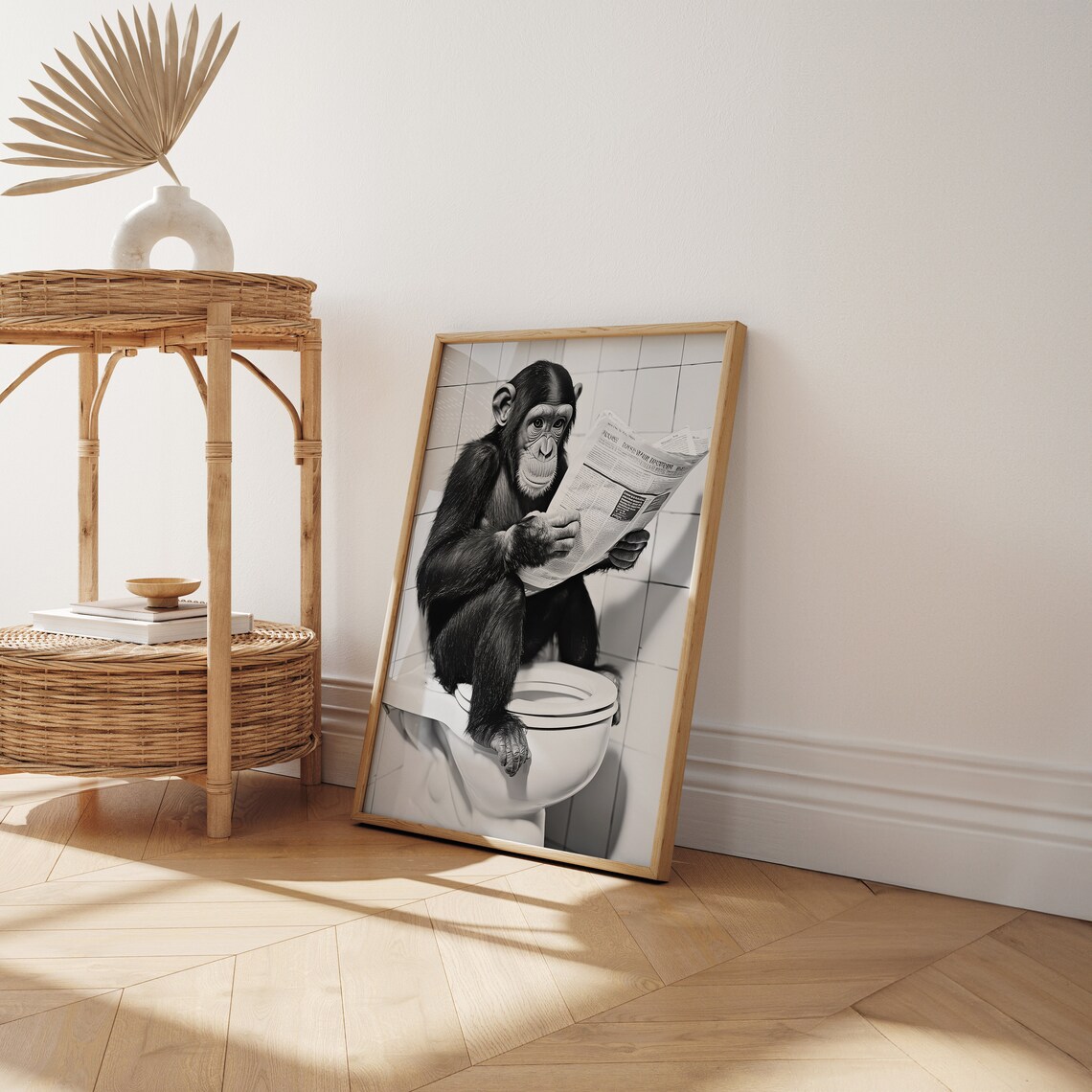 Monkey Sitting On Toilet Reading Newspaper, Funny Art Print - Image 2