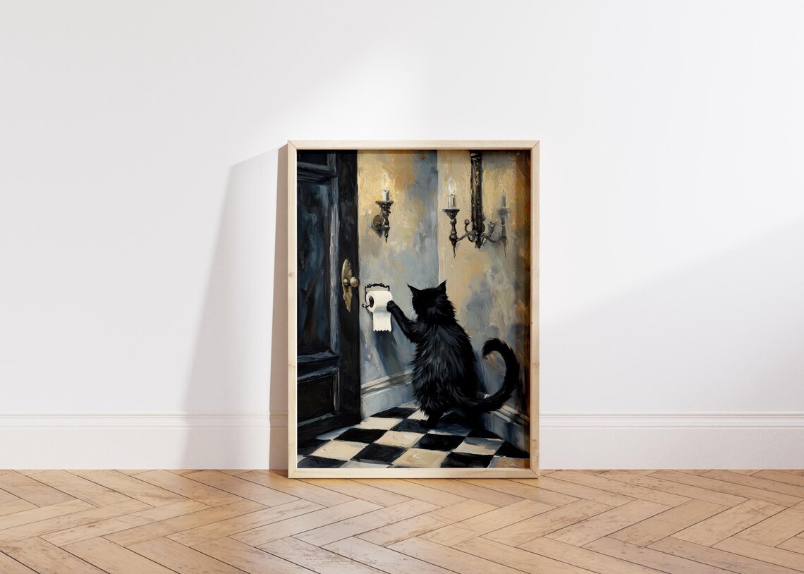 Funny Bathroom Cat Art, Whimsical Checkered Pattern - Image 4