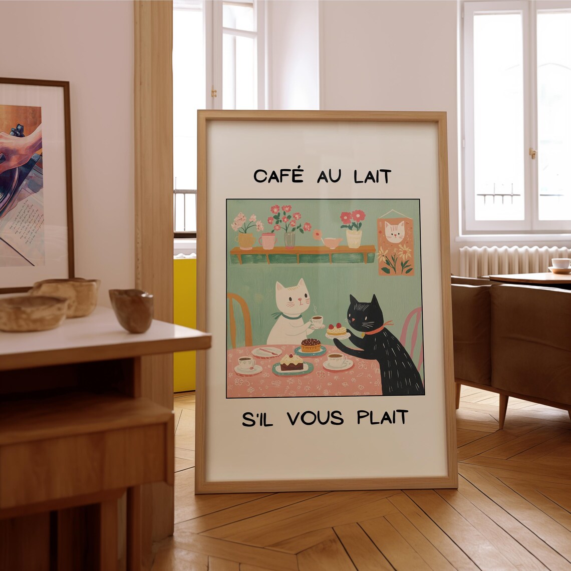 French Cafe Au Lait Cat Print, Funny Kitchen Decor - Image 2