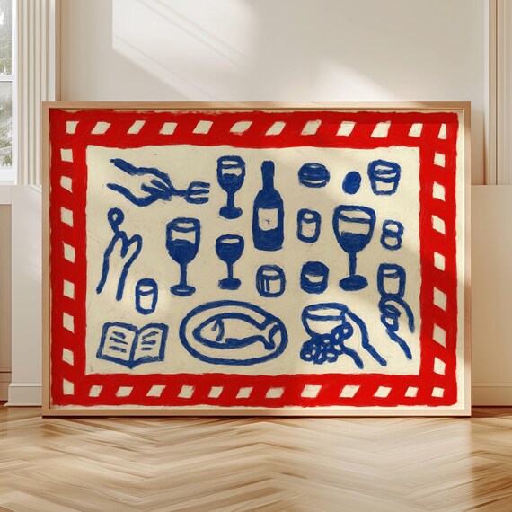 Blue Ink Italian Dinner Table Wine Fish Hand Drawn Art Poster