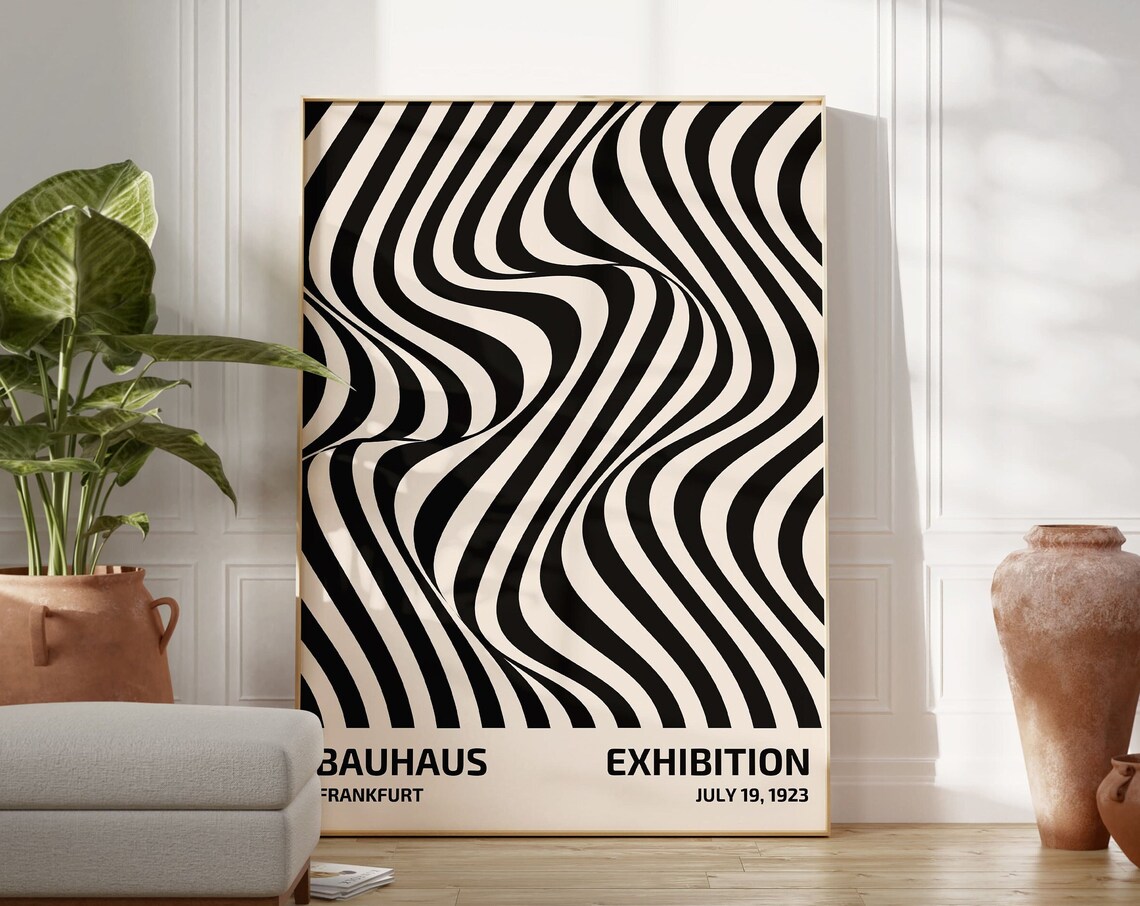 Bauhaus Poster Print, Black Wavy Line Abstract