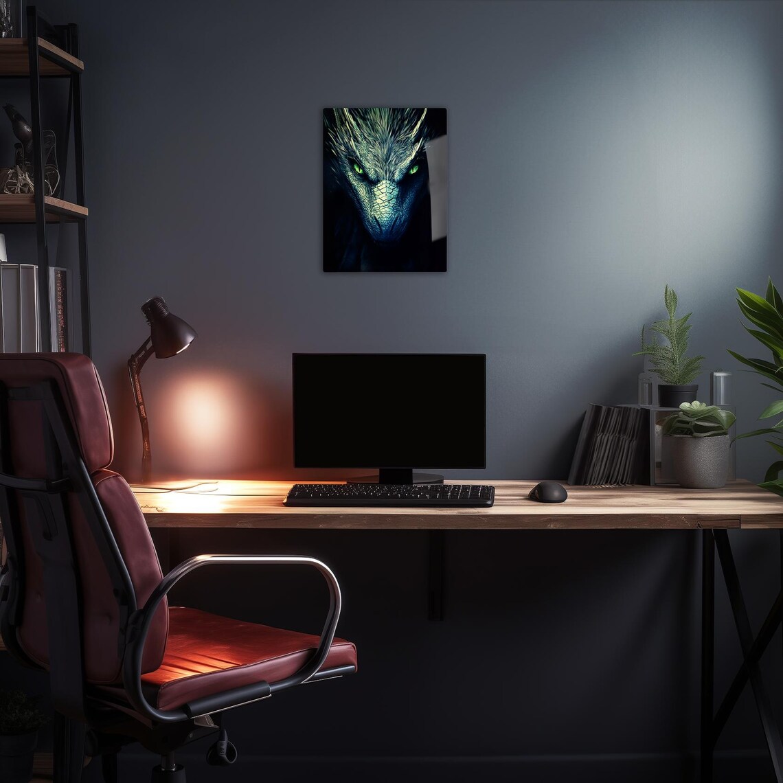 Green Dragon Face Close Up Glowing Eyes Black Background Fantasy Poster - Image 2