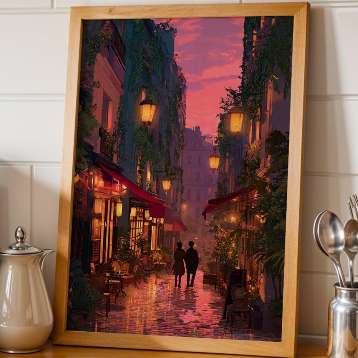 Paris Streets At Night Poster Anime Style Wall Art Cozy Alley Illustration Romantic French City Decor Urban Street Scene Print