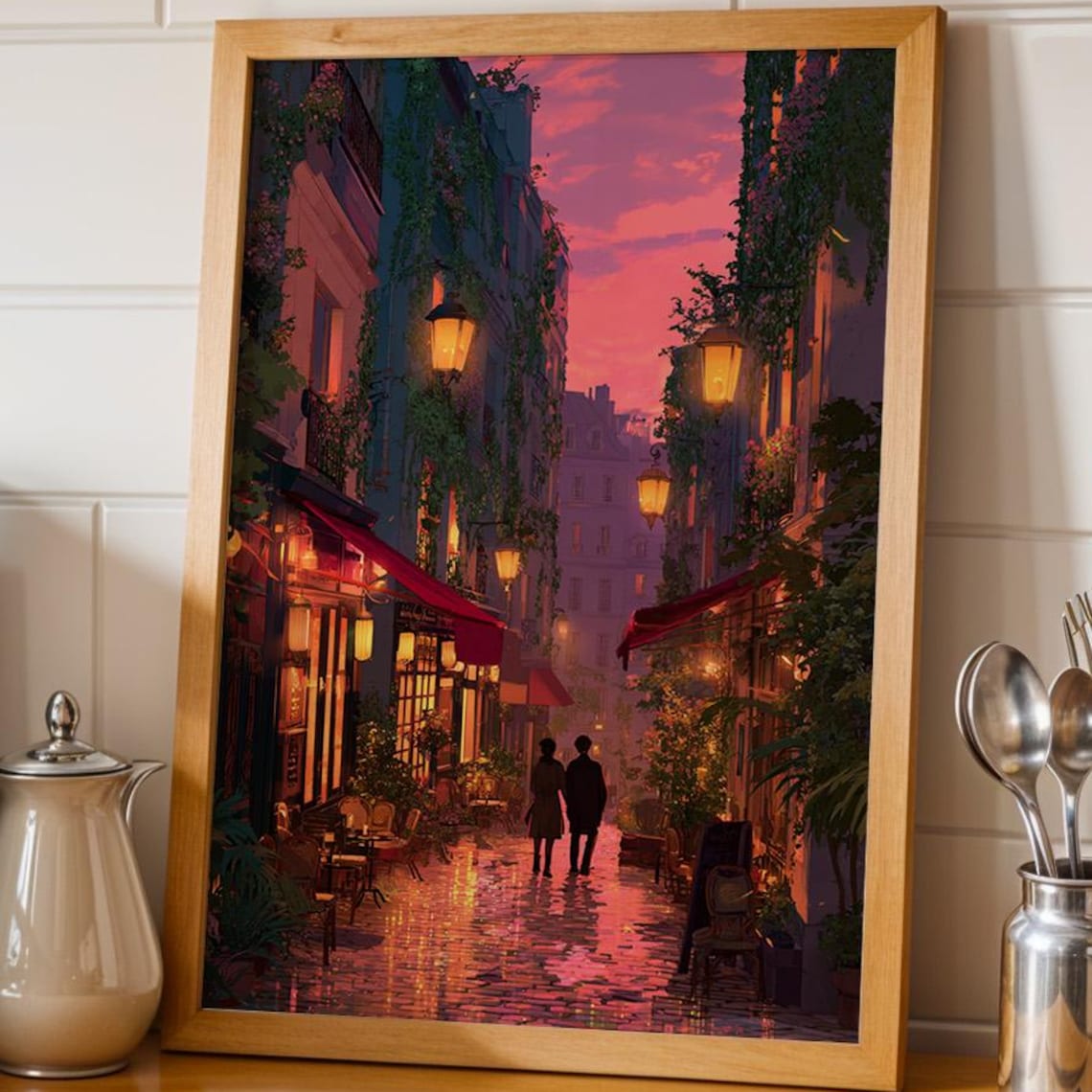 Rosy Romantic Rainy Old Street At Dusk With Couple Lamps Poster
