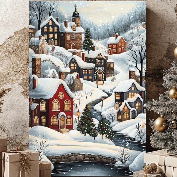 Charming Snowy Christmas Village with Lit Cottages Art Poster