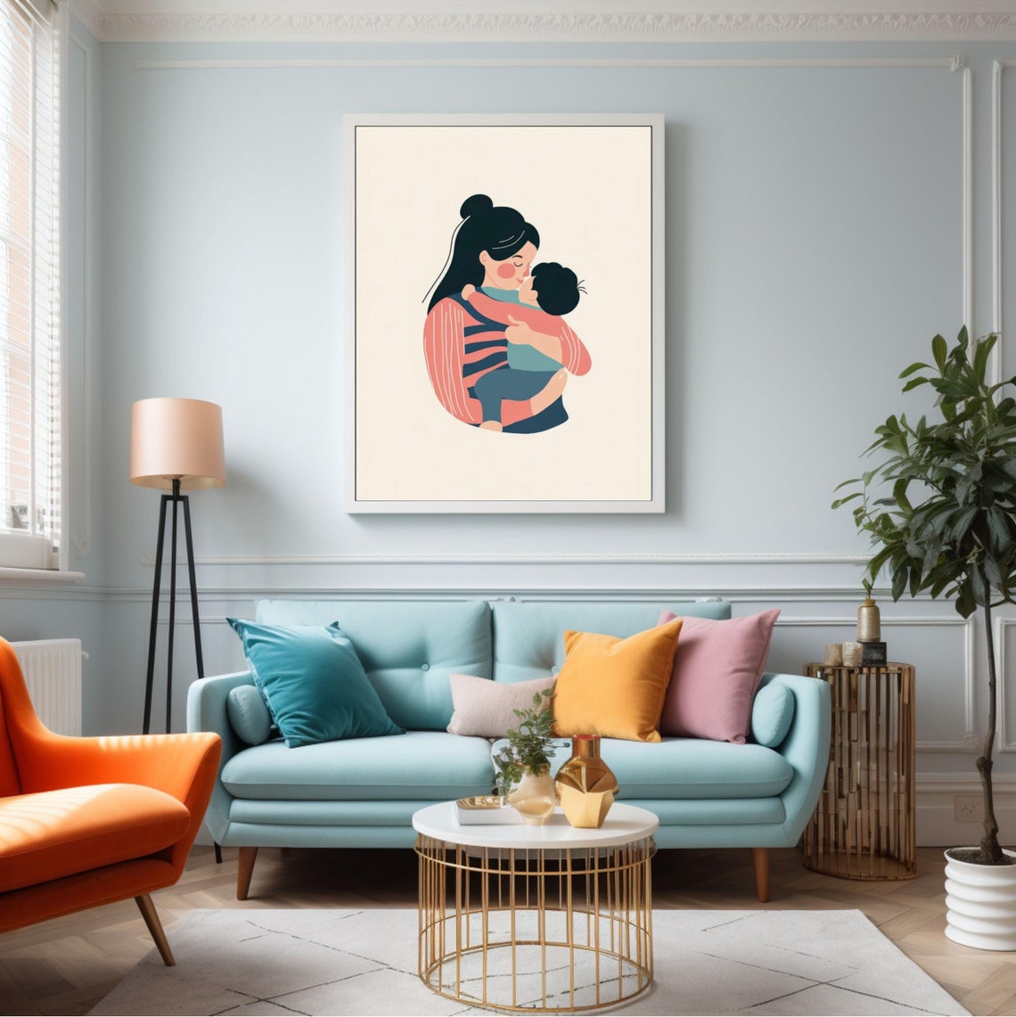 Mother Tenderly Hugging Her Child Modern Illustration Poster