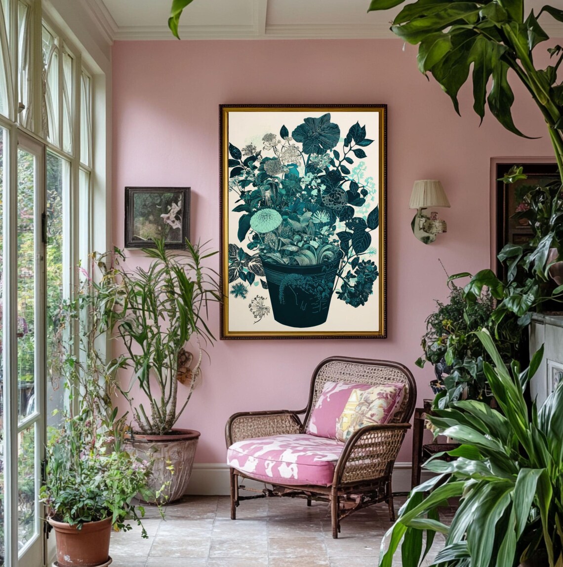 Vintage Botanical Potted Plant Teal Ink Illustration Art Poster