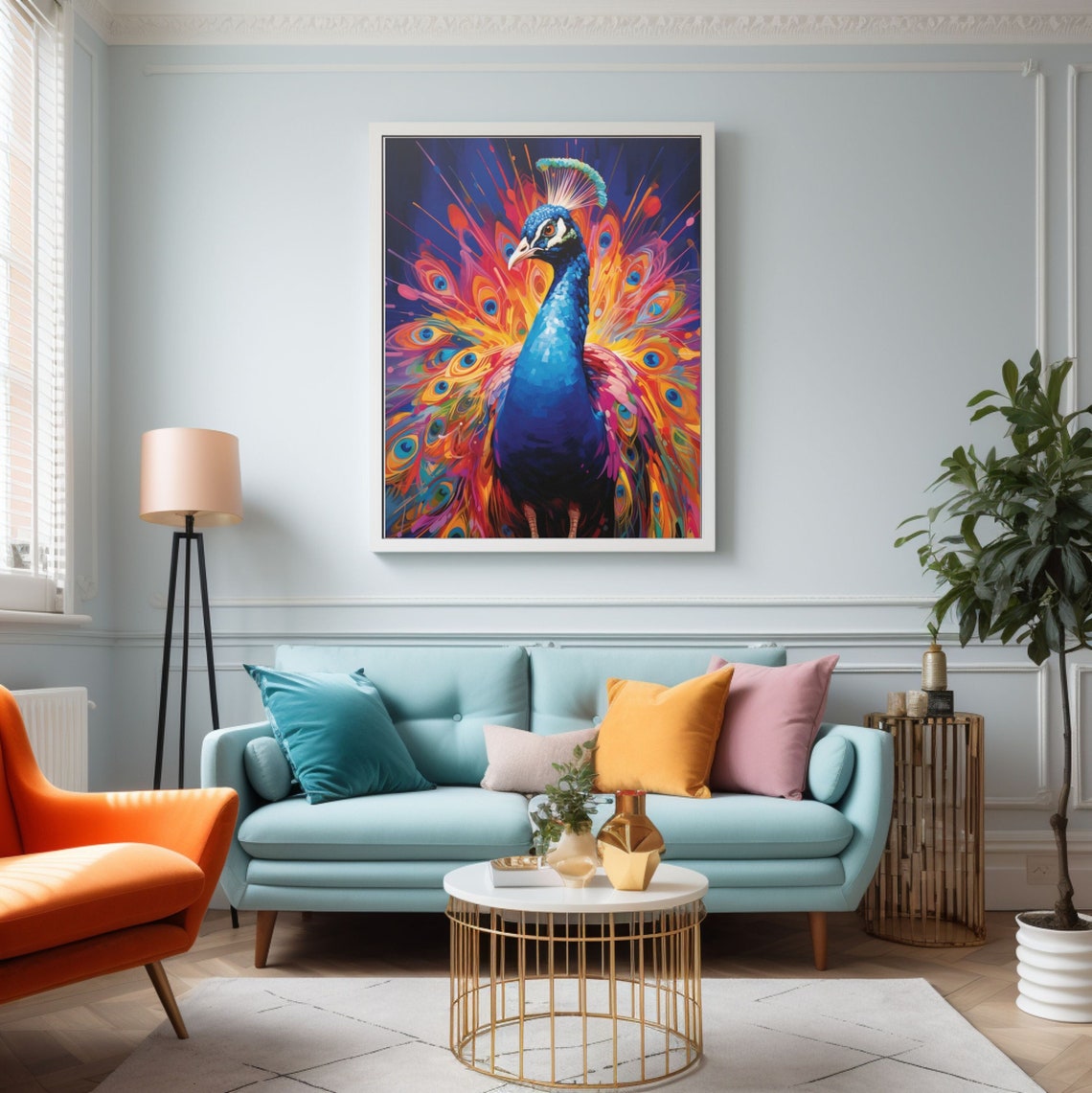 Vibrant Peacock with Fanned Rainbow Tail Feathers Art Poster