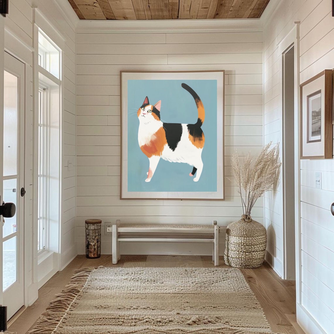 Playful Calico Cat Illustration on a Teal Background Art Poster