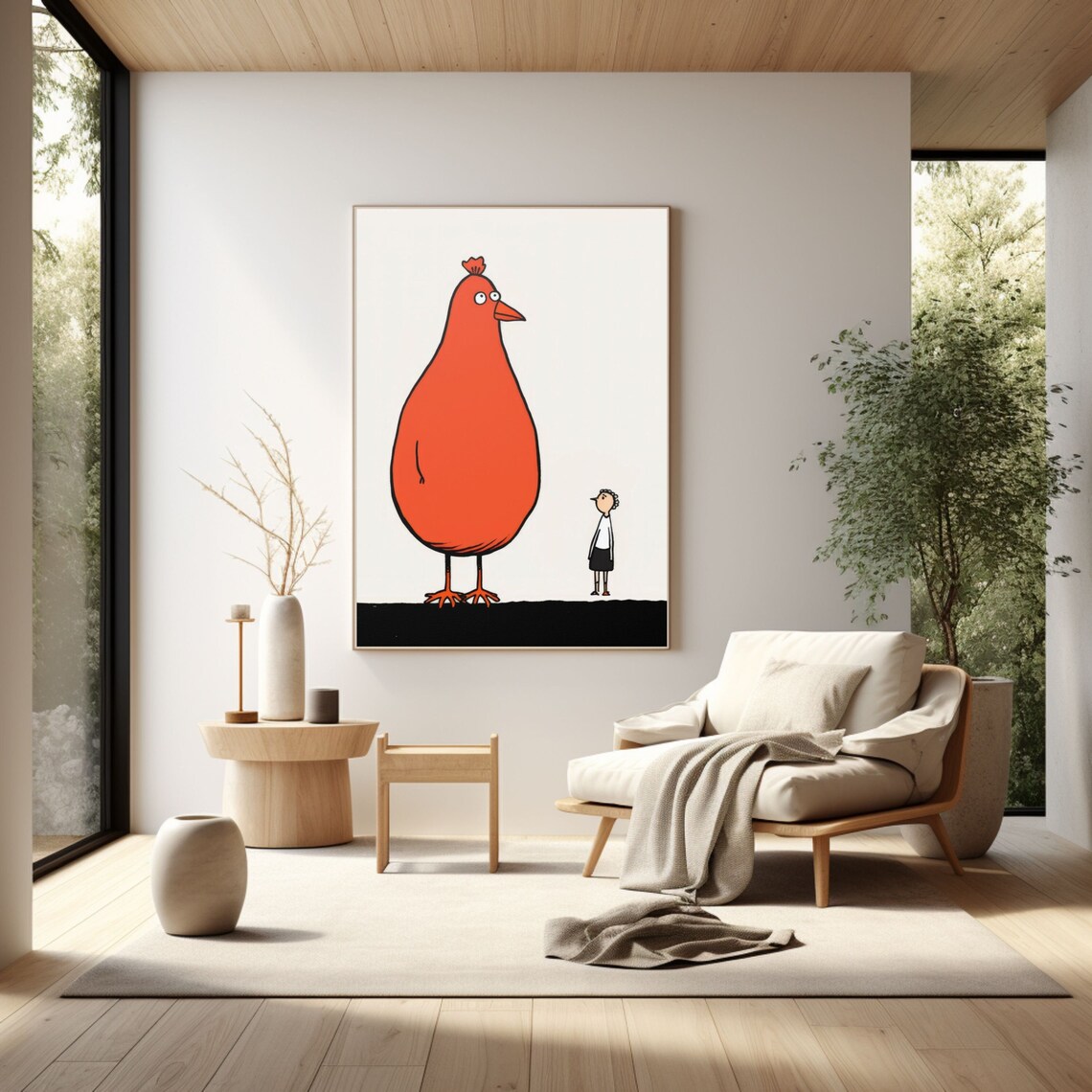 Cute Girl with Giant Red Bird Whimsical Comic Illustration Poster