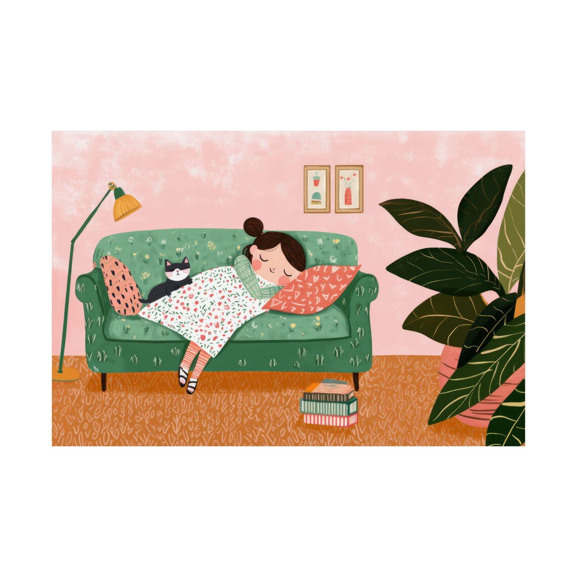 Sleeping Girl With Black Cat on Green Sofa Cozy Illustration Poster - Image 2