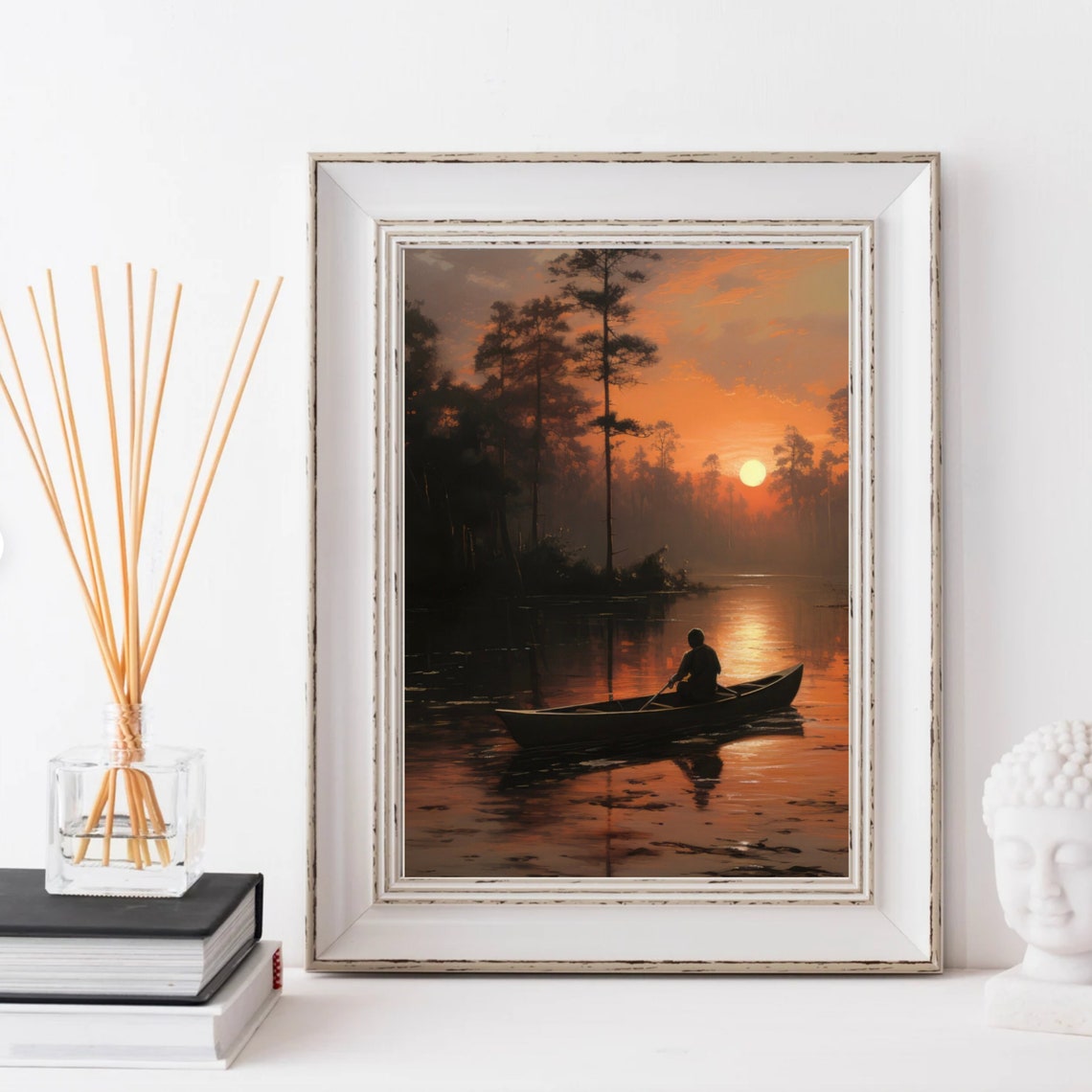 Paddler in Canoe on Misty River at Sunset with Pine Trees Poster