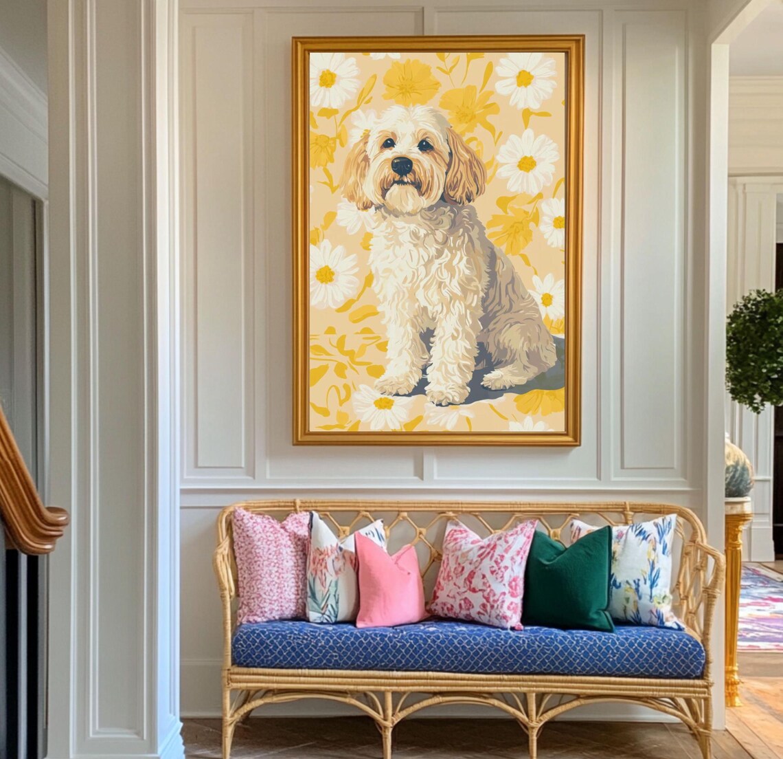 Fluffy Cream Doodle Dog Sitting Among Yellow Daisies Floral Poster