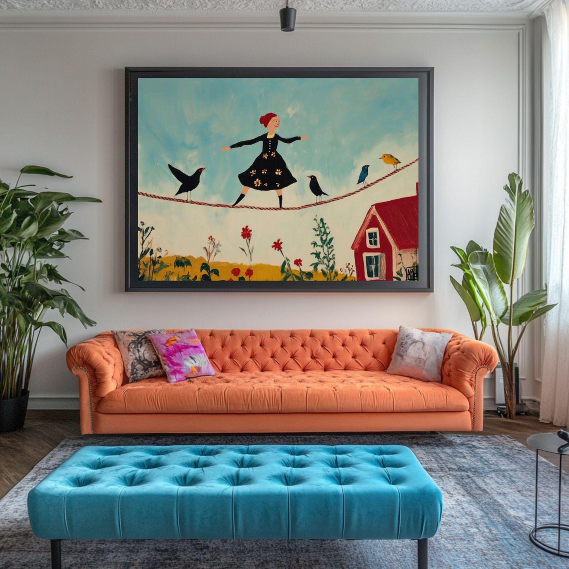 Anastasia Ames Skyline Stroll Poster Girl Tightrope With Birds Art