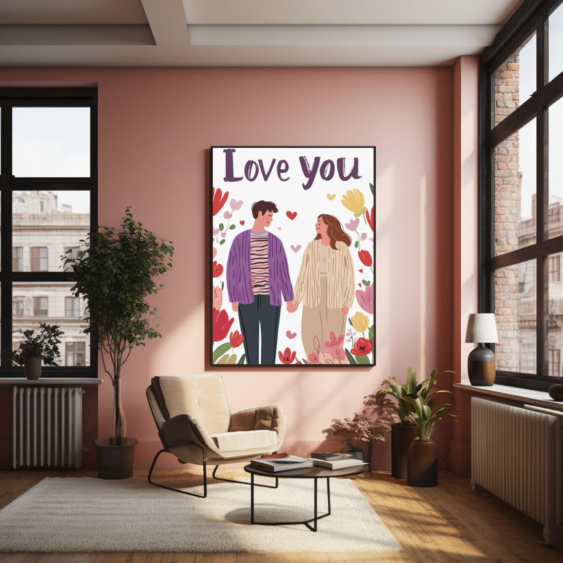 Love You Romantic Couple With Flowers Sweet Illustration Wall Poster