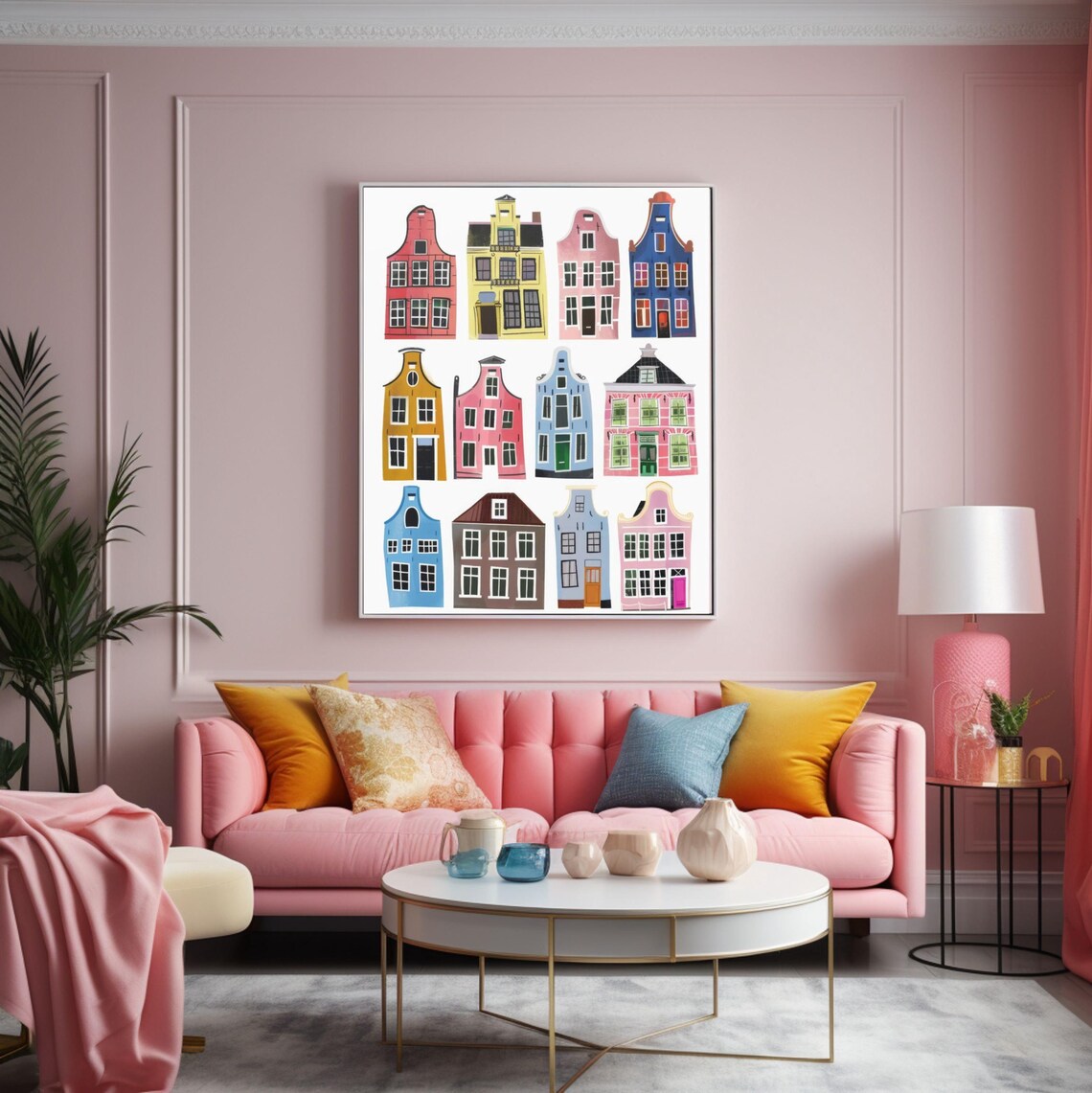 Colorful Dutch Brownstone Houses Watercolor City Street Art Poster