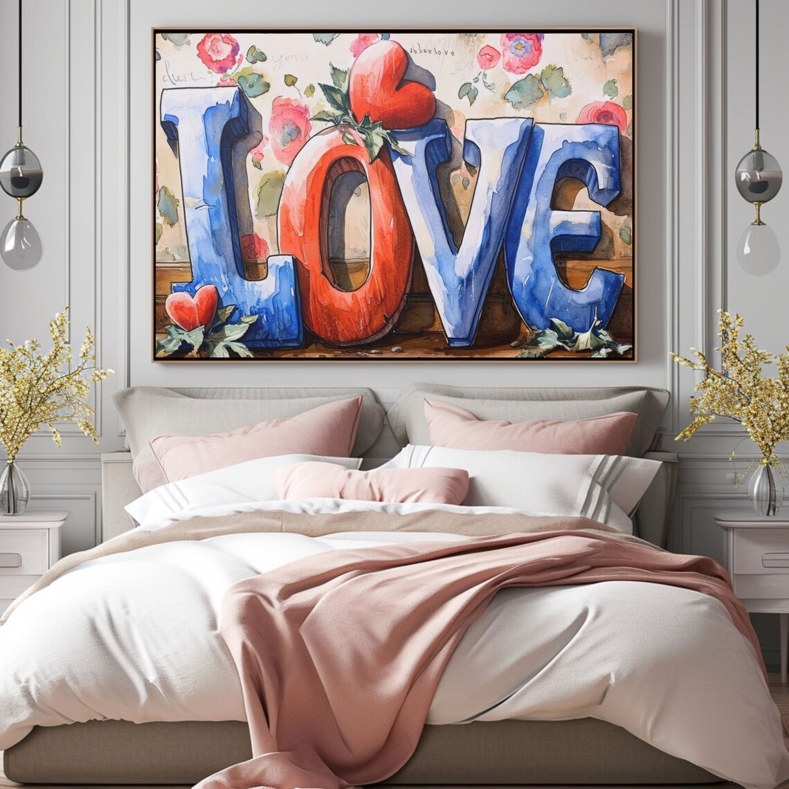 Watercolor LOVE Letters With Red Hearts and Roses Art Poster