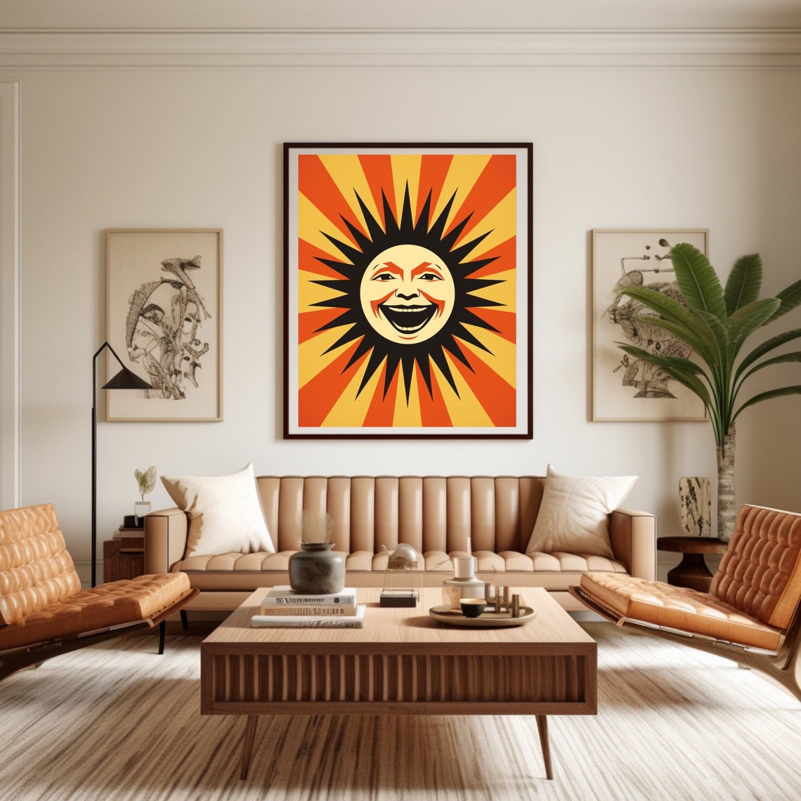 Bold Retro Laughing Sun Vintage Sunburst Happy Face Art Poster