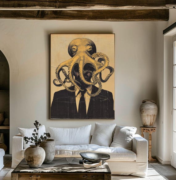 Surreal Octopus Portrait Poster Vintage Octopus Wall Art Quirky Gift Retro Octopus Print Antique Octopus Poster