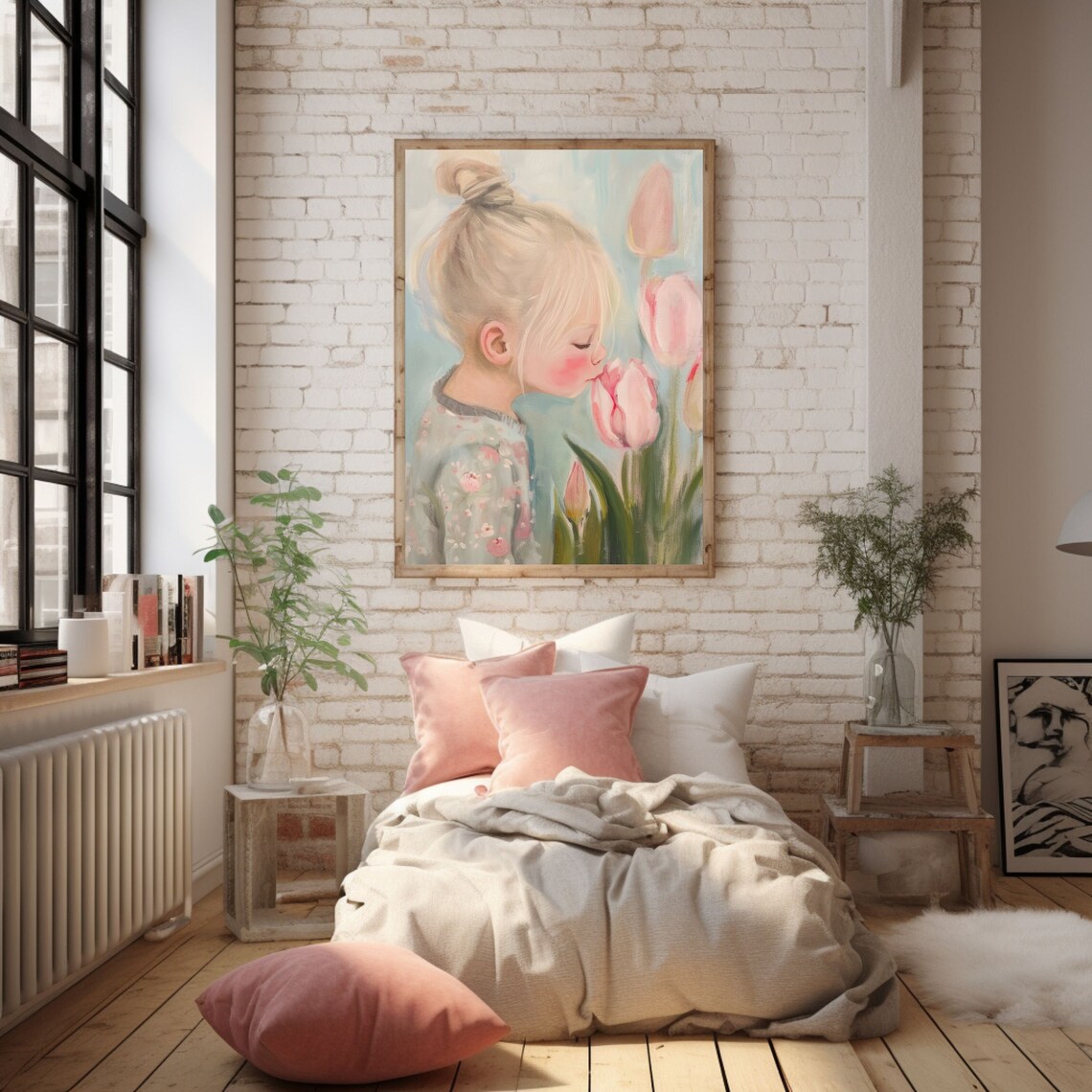 Little Girl Smelling Pink Tulips Soft Pastel Oil Painting Art Poster